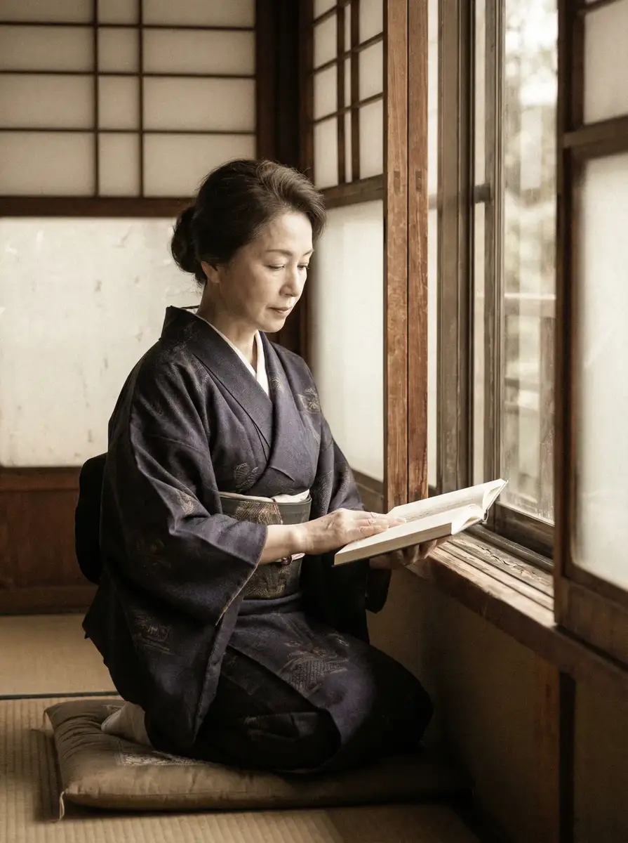一位优雅的五十岁 财神体育平台 身穿深蓝色和服，在窗边静读